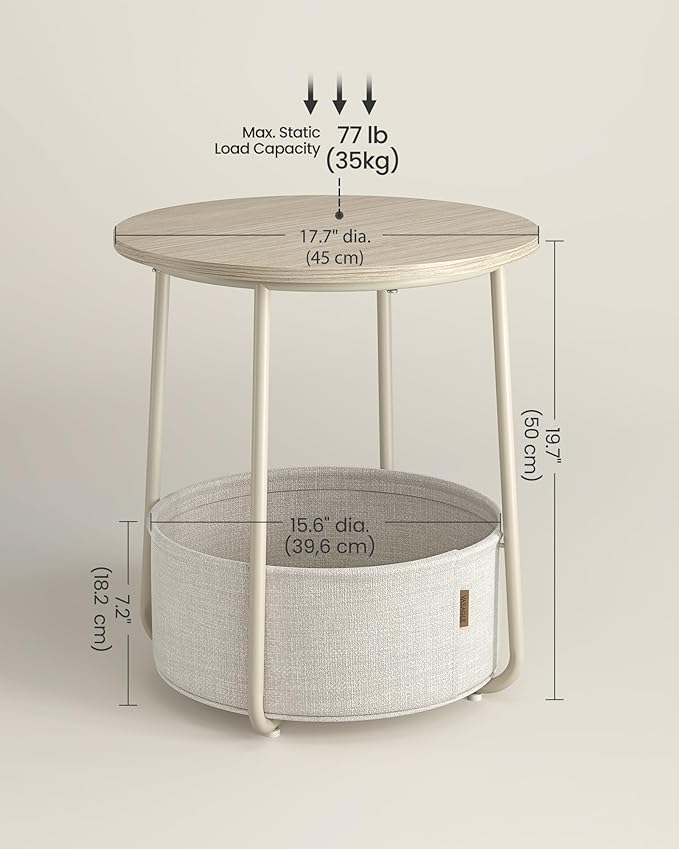VASAGLE LILEA Collection - Small Round Side End Table, Modern Nightstand with Fabric Basket, for Living Room, Bedroom, Set of 2, Cream White ULET225LL01S
