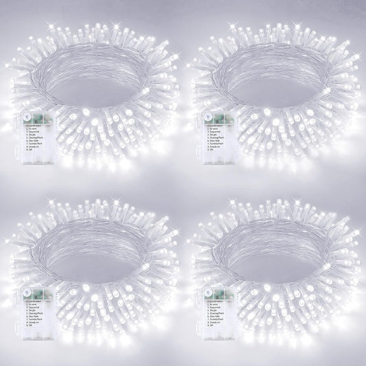 4 Pack String Lights Battery Operated with Timer, 66FT 200 LED Waterproof Battery Twinkle Lights, 8 Modes Fairy Light for Indoor & Outdoor Party Bedroom Garland Tree Christmas Decorations (Cool White)