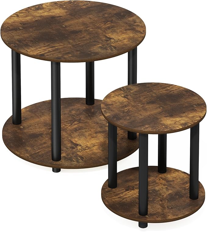 Furinno Turn-N-Tube Simple Design 2-Tier Round Wooden Small Coffee Table, Amber Pine