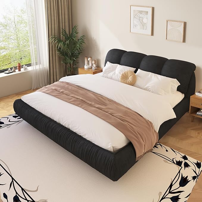 King Size Upholstered Platform Bed with Oversized Padded Backrest and Solid Wood Frame for Bedroom, Apartment Room, Black