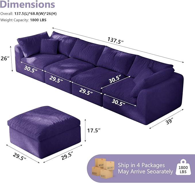 138" Boneless Cloud Couch Modular Sectional Sofa with Deep Seat for Living Room, L Shape Couch with Ottoman, Snowflake Cloth and 40D Memory Sponge，2 Throw Pillows (Purple, 4 Seater+2 Ottoman)