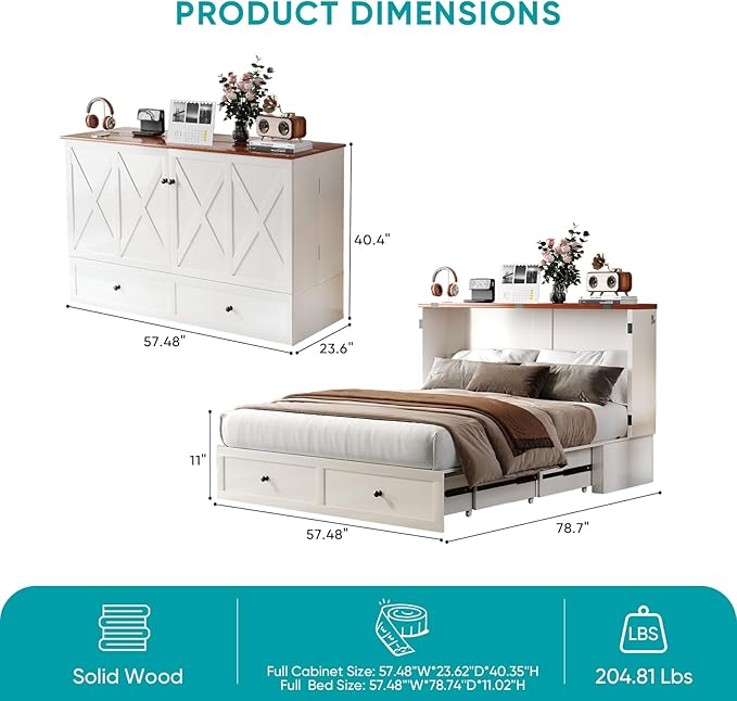 BALUS Full Size Cabinet Bed with Tri-Folding Mattress, 57’W Murphy Bed with USB Charging Station & 2 Storage Drawers, Full Murphy Cabinet Beds for Living Rooom, Apartment, Home Office, Bedroom-White
