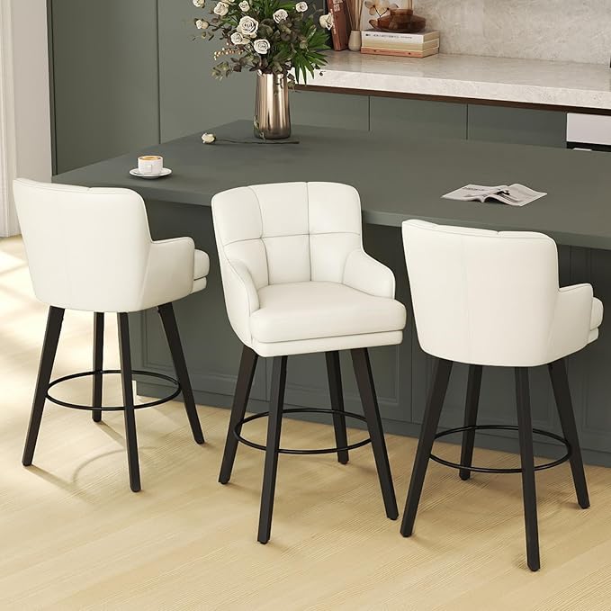 360°Swivel Counter Height Bar Stools with Back, 30 inch Solid Wood Legs, Bar Stool Modern Kitchen Island Chairs, Faux Leather (Beige- Faux Leather, 30" H- Set of 3)