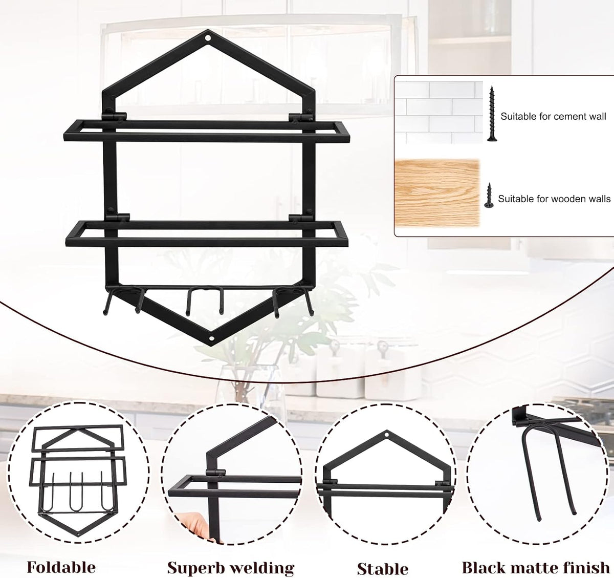 Wall Mounted Wine Stemware Rack, Metal Hanging Wine Glass Display Holde Holds 3 Cups 2 Bottles, Elegant Storage for Kitchen Dining Room Bar Wine Cellar (Black 1)