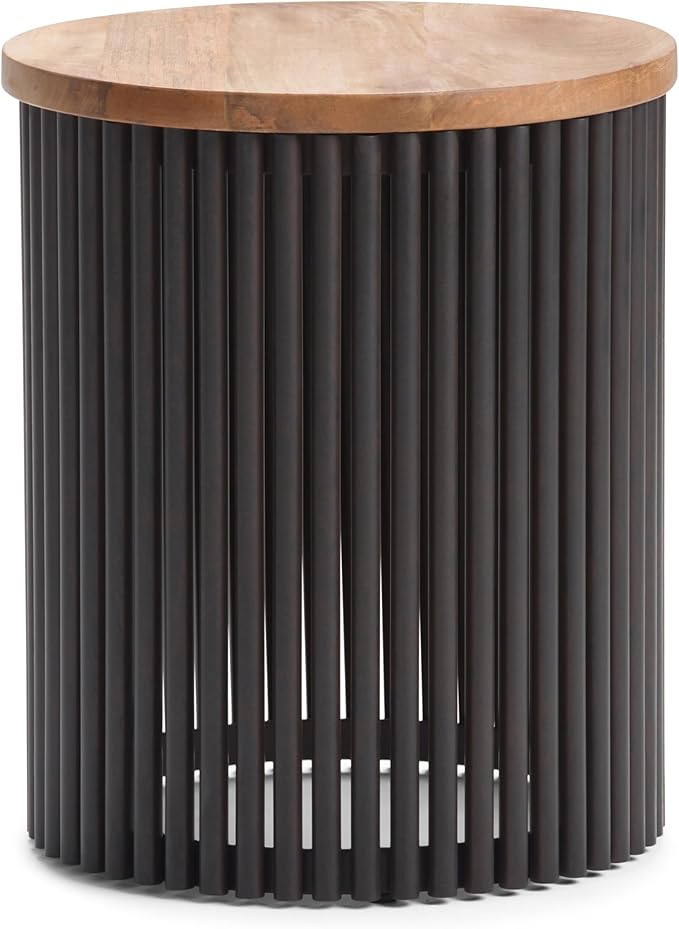 SIMPLIHOME Demy Metal and Wood Accent Table - 18 inch Wide Solid Metal Round End Table in Natural and Black, Industrial Side Table or Coffee Table for Living Room with Compact Design, Assembled