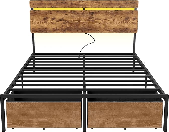 Forestell Full Size Bed Frame with Wood Headboard, Metal Platform Bed with 2 Storage Drawers & Shelf, Built in Charging Station & LED Lights, No Box Spring Needed, Vintage Brown, Camas Full