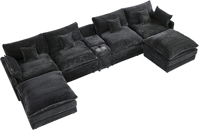 HYJT-H&K 145" U Shaped Cloud Couch Modular Dark Grey Sectional Couches for Living Room, Comfy Fluffy Corduroy Oversized Cloud Sectional Couch Large 6 Seat Sectionals Sofa Set Central Console USB Port