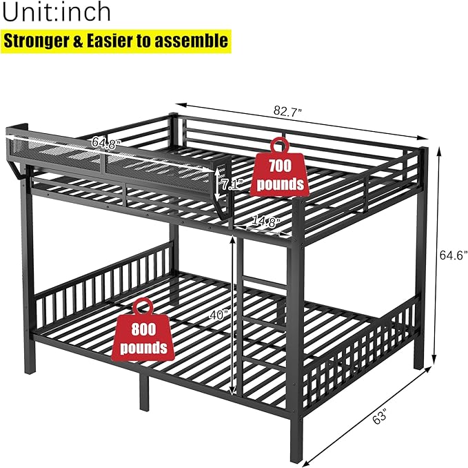 Higher Quality & Stronger Metal Queen Over Queen Bunk Bed, Thickened Heavy Duty More Stable Safer Black Steel Bunkbed Bunk Queen Bed (Easier to Assemble) (Queen Over Queen)