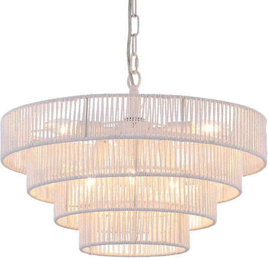 6-Lights 20" Hand-Woven Rattan Pendant Light Coastal 4 Round Transitional Minimalist Boho Large Pendant Light, for Kitchen Island Dining Room Living Room Hallway, White, UL Listed