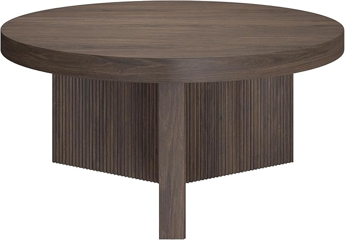 Henn&Hart 32" Fluted Round Low-Profile Coffee Table with Ribbed Pedestal Base Living Room, Family Room, Office, or Apartment, Alder Brown