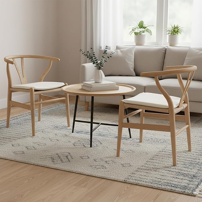 Tomile Wishbone Dining Chair with Arms, Modern Wood Chair Featuring a White PU Cushion on Woven Hemp Seat, Sturdy Wood and Y-Shaped Backrest, Fully Assembled for Kitchen & Dining (Ash Wood - Natural)