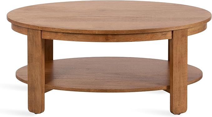 Kate and Laurel Foxford Modern Tiered Oval Coffee Table; 38 x 24 x 18; Natural Brown; Transitional Two-Tier Living Room Table with Storage and Resilient Wood Construction