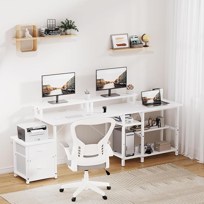 Office Desk L Shape with File Drawers&Power Outlet,YOUNGAR 69.3 Inch Reversible L Shaped Computer Desks,Corner L Shape or Long Desk Set up Monitor Stand &Storage Shelves LED Lights&CPU Stand,All White