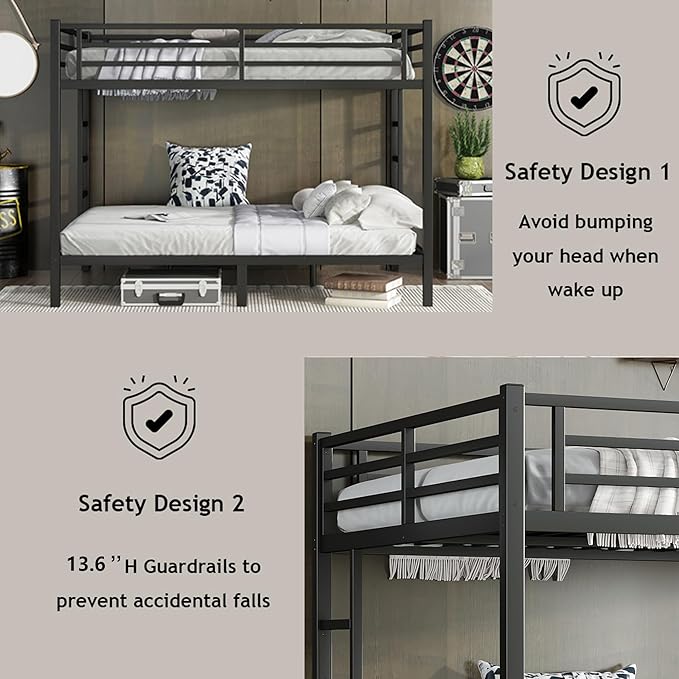 Bellemave Queen Over Queen Bunk Bed for Adults, Queen Size Bunk Beds Frame with 2 Side Ladder and Full Length Guardrail, Easy Assemble Bunkbeds, Noise Reduced, Mattress Not Included, Black