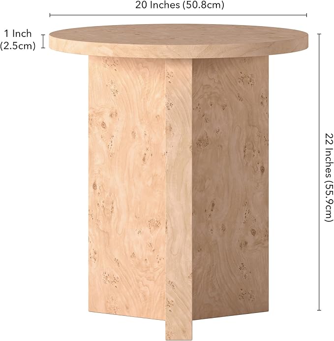 Henn&Hart 20" Scandinavian Round Wooden End Table, Side Table, Nightstand with X-Base for Living Room, Office, Family Room, or Bedroom, Blond Burl