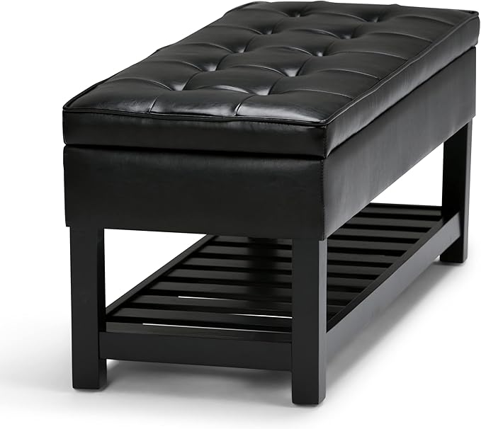 SIMPLIHOME Cosmopolitan Storage Ottoman Bench - 44 inch Wide Upholstered Vegan Leather Rectangle Storage Ottoman in Midnight Black, Transitional Bench for Bedroom with Tufted Lift-Top and Open Shelf