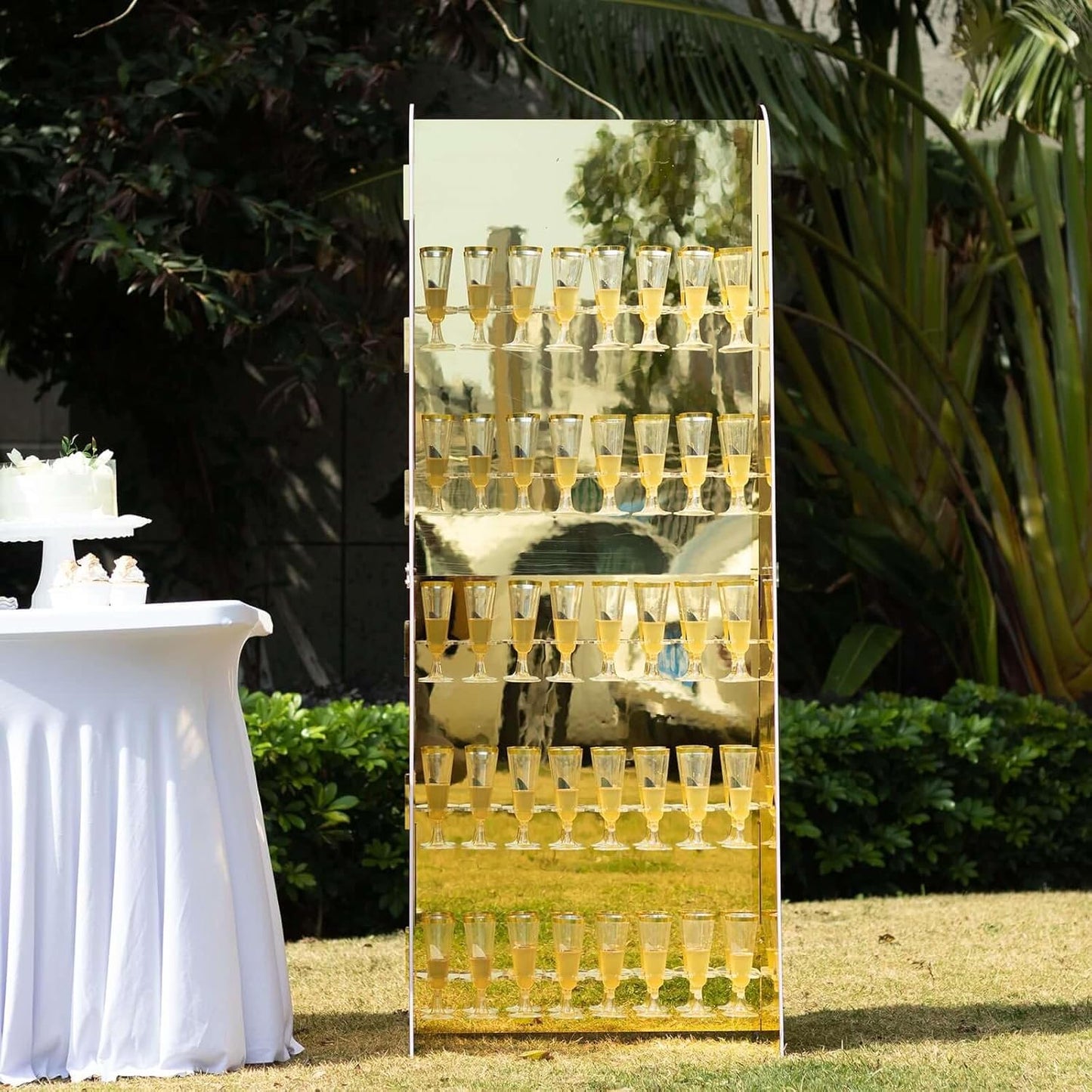Tableclothsfactory Gold Mirror Finish 5-Tier Wine Glass Stemware Rack, 40 Champagne Flute Holder Foam Board Wall Stand - 5ft for Party & Decorations