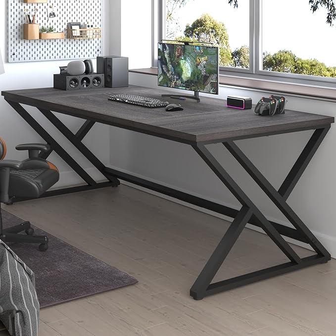 LVB 78.7 Long Executive Desk, Modern Large Computer Office Desk, Wood Metal Simple Pc Study Gaming Writing Table, Industrial Laptop Desk Workstation for Home Bedroom Living Room, Dark Gray, 78.7 Inch