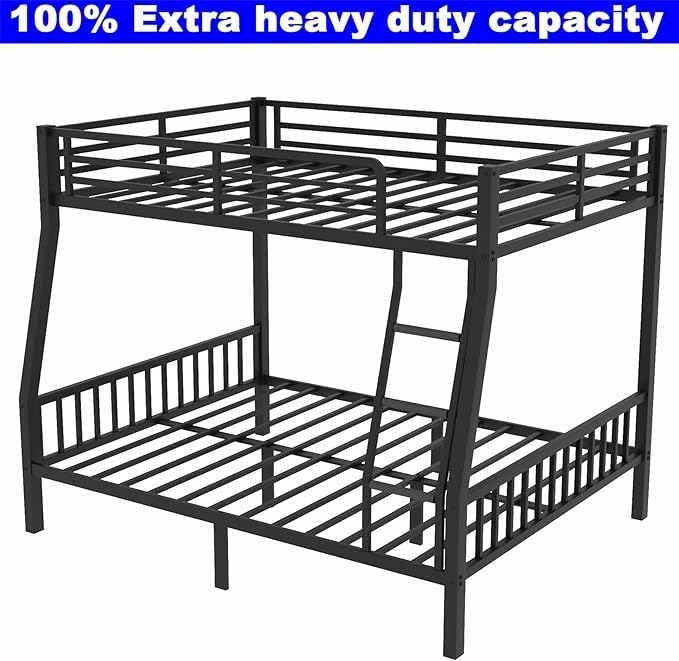 Upgraded Version Thicken Metal Full XL Over Queen Bunk Bed, Stronger Heavy Duty Steel Bunk Bed Full Over Queen Size, Best Bunkbed Frame for Adults, Easy Assembly, Black (Full XL Over Queen)