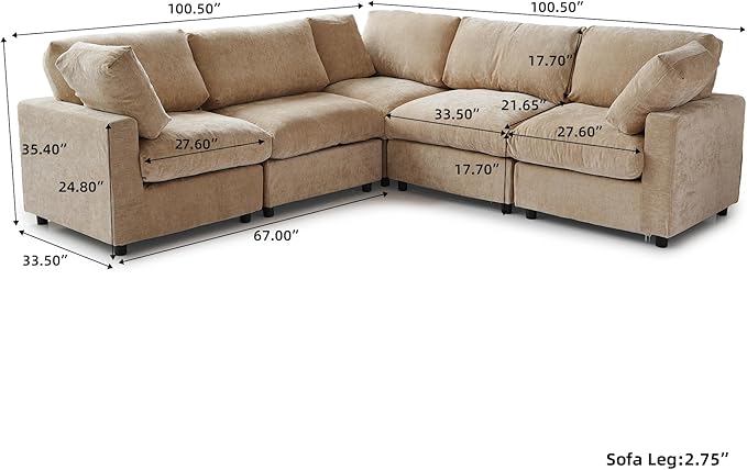 WJShome V Shaped Sectional Couch 100 Inch 5-Seater Modern Modular Sofa,Chenille Deep Seat Couches for Living Room, Bedroom and Apartment，Khaki