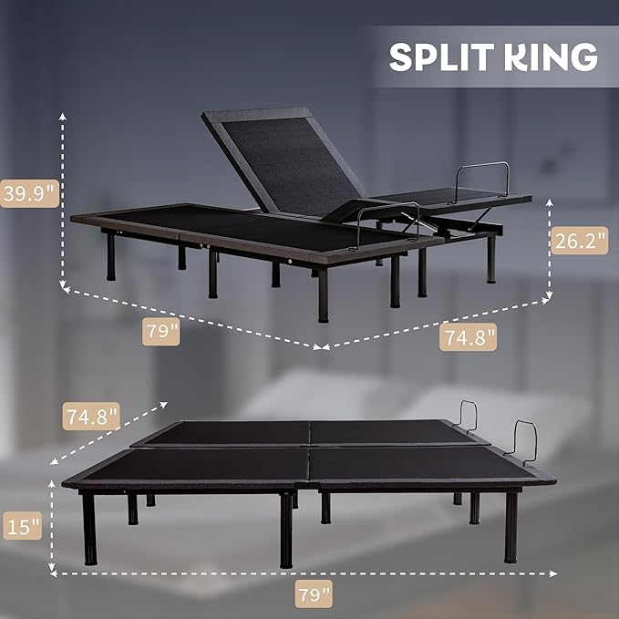 Split King Adjustable Bed Frame with 14 inch Gel Memory Foam Mattress, CertiPUR-US Certified Fiberglass Free, Zero Gravity & Wireless Remote, Head & Foot Incline, 80"×76"