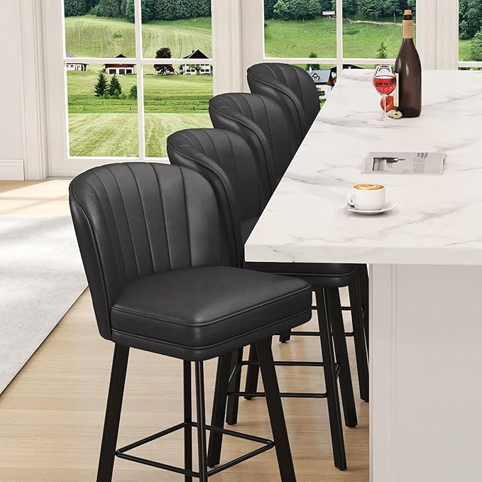 Swivel Counter Height Bar Stools Set of 4, 30'' Modern Barstools with Backs and Metal Legs, Upholstered Bar Chairs, Faux Leather Black Stools for Kitchen Island Chairs