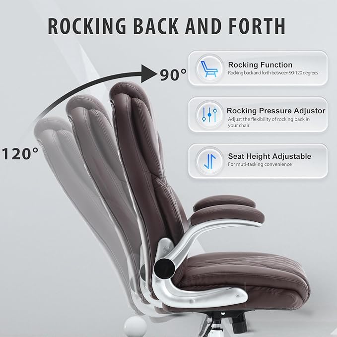 Leather Executive Office Chair, High Back Ergonomic Office Desk Chairs with Wheels, 90-120° Rocking Managerial Chair Home Computer Chairs with Flip-up Armr and Lumbar Support(Dark Brown)