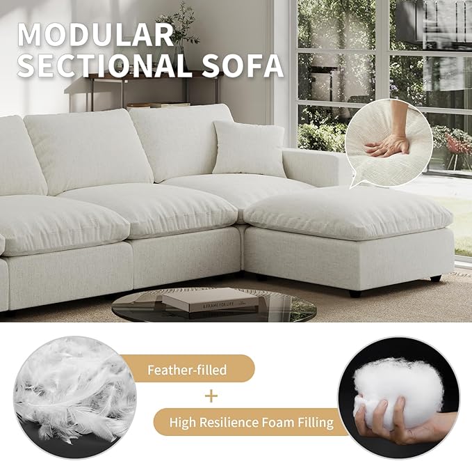 Linen Sleeper Sofa Bed,Modern Sectional Sofa Couch for Living Room,95.4 Inch Cloud Couches Cushion Covers Removable,Cozy Feather Down Sofa for Apartment Cream White