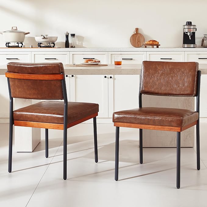 Modern Dining Chairs Set of 2, Kitchen Chairs with Thick Cushions and Adjustable Foot Pads, Upholstered Faux Leather Dining Room Chairs with Sturdy Metal Legs,Coffee