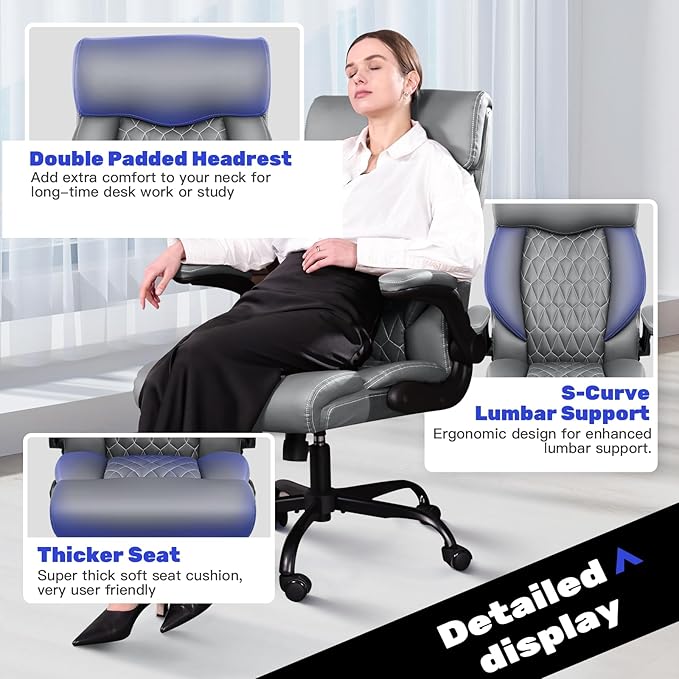 High Back Executive Office Chair - Ergonomic Computer Desk with Rocking Function, Leather Managerial with Adjustable Flip-Up Armrests and Lumbar Support