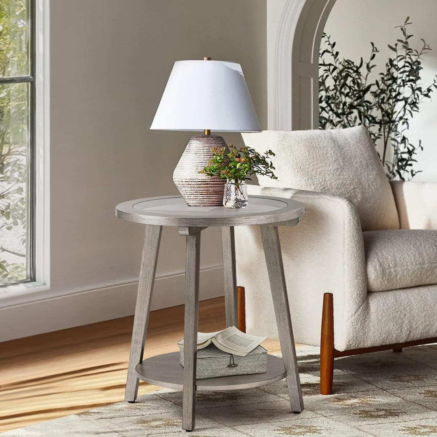 COSIEST 2-Tier End Table with Tempered Glass Top, Round MDF Side Table with Storage Shelf, Modern Wood Accent Table for Bedroom Living Room Home Office, Antique Silver