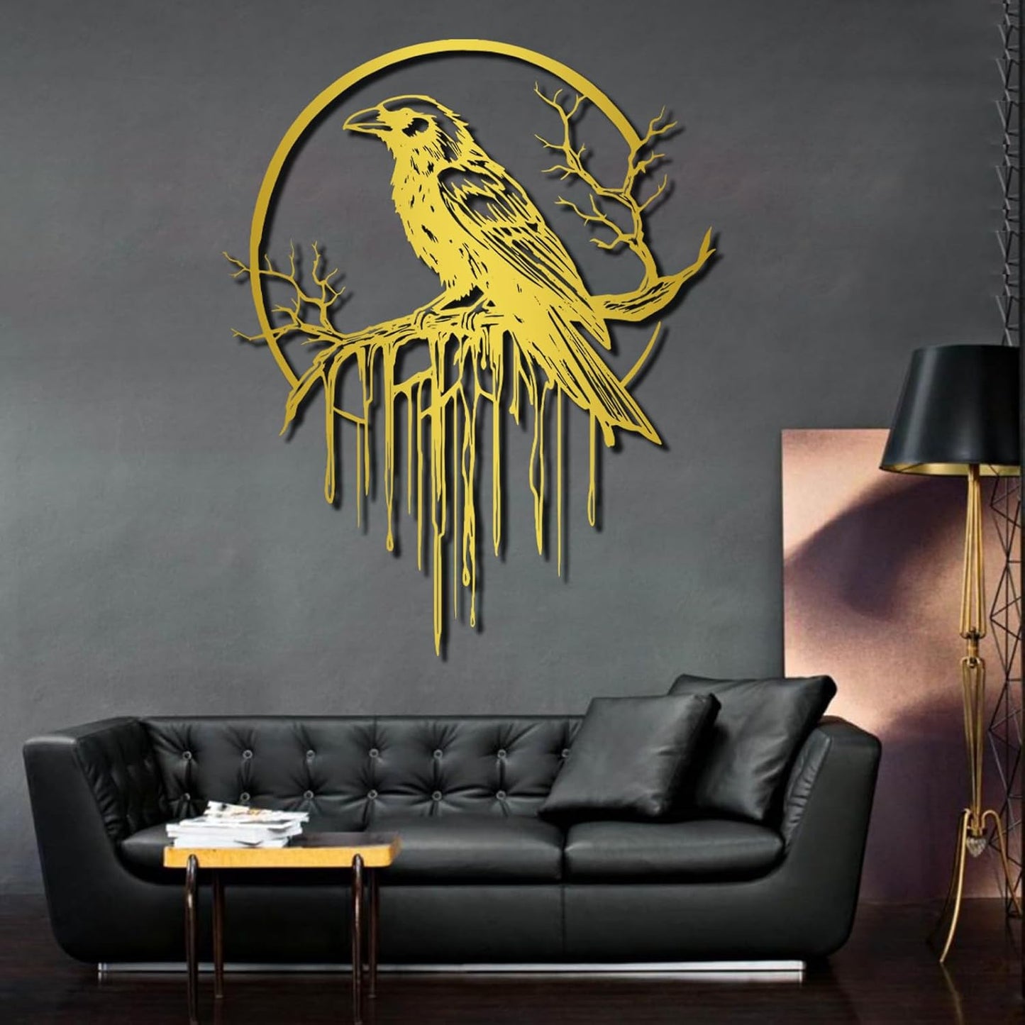 Crow Metal Wall Decor, Raven Wall Art, Large Gothic Raven Decor Hangings, Bird Wall Decor, Metal Tree Branch Decor, Ravens Sign, Raven Art for Living Room (Gold, 35"x28" | 90x72cm, metal wall art)