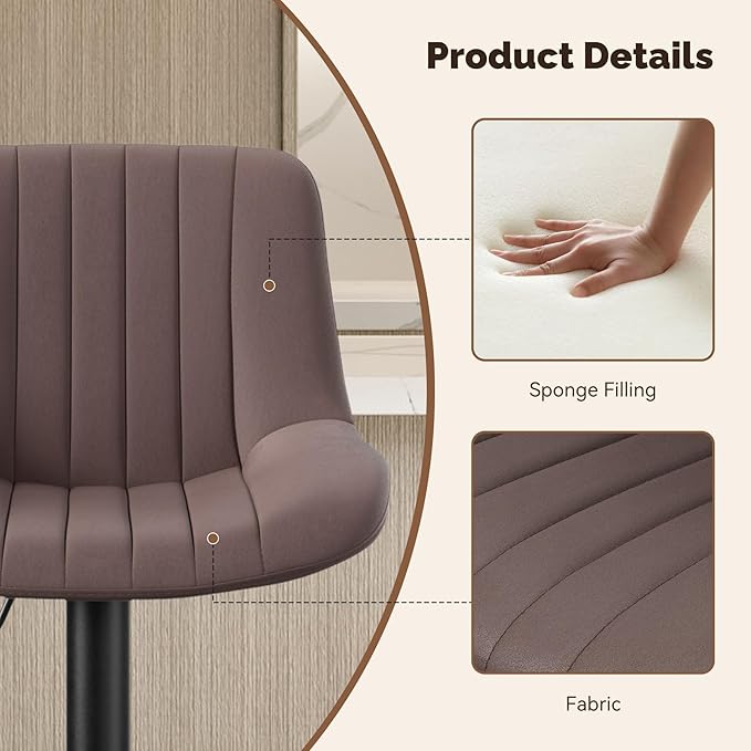 Nalupatio Bar Stools Set of 4, Adjustable Modern Swivel Bar Stools with Backs, Counter Height Performance Fabric Island Chairs for Home Kitchen, Dark Brown