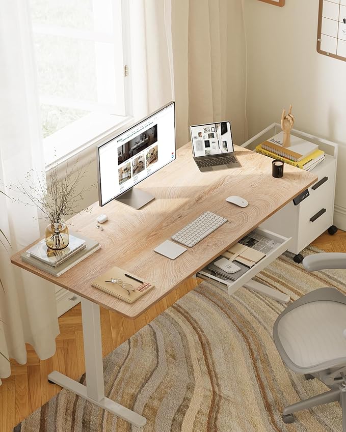 FEZIBO Electric Standing Desk with Drawers, 48 x 24 Inch Height Adjustable Desk with 3 Memory Presets, Sit Stand Up Desks for Home Office, Natural