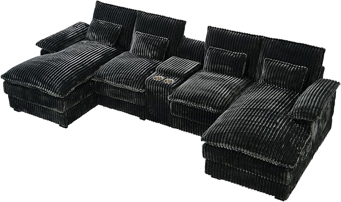 HYJT-H&K 124" U Shaped Cloud Couch Sectional, Comfy Plush Fluffy Corduroy Dark Grey Sectional Couches for Living Room, Modern Modular Corduroy Couch Sectionals with Central Console & Double Chaise
