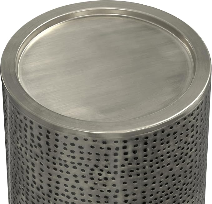 SIMPLIHOME Corbin 16 inch Wide Metal Side Table in Hammered Antique Silver, Round Drum Design End Table for Living Room, Family Room, or Entryway, Industrial Style, Assembled