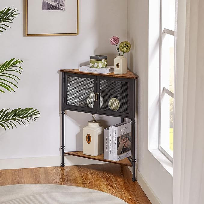 VECELO 3 Tier Corner Shelf,Corner Table with Mesh Door and Open-Shelf,Corner Cabinet Stand,Metal Frame Organizer Display Storage Shelves for Bedroom,Living Room,Kitchen,Bathroom
