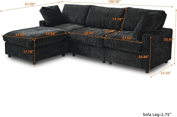 WJShome Modular Sectional Cloud Couch Modern L Shaped Sofa with Ottoman, 100 Inch 3-Seat Chenille Deep Seat Couches for Living Room, Bedroom and Apartment，Black