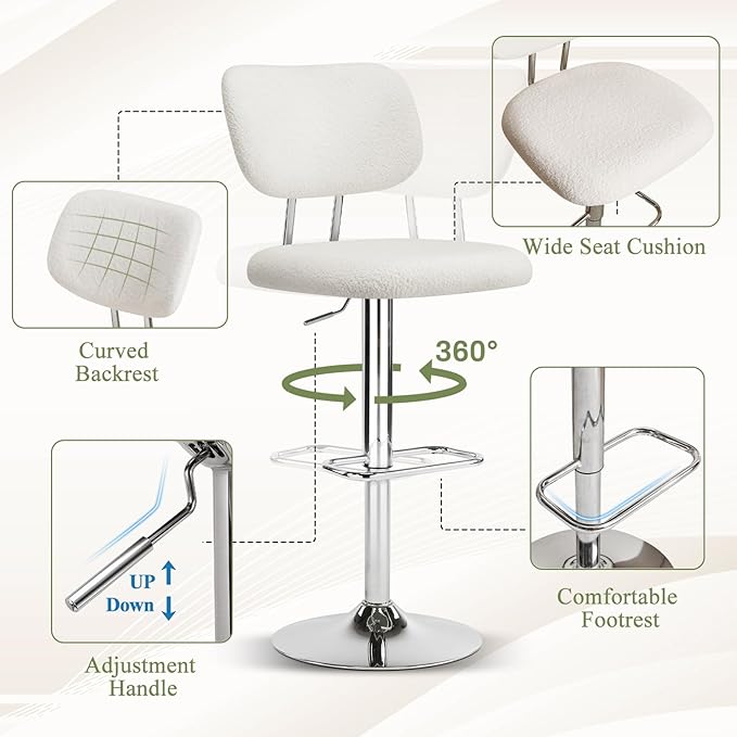 Furniliving Adjustable Bar Stools Set of 4, Modern Teddy Velvet Swivel Barstools with Curved Back, Stylish Armless Counter Height Bar Stools Bar Chairs for Kitchen Island, Bar, Green