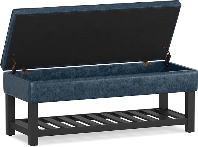 SIMPLIHOME Cosmopolitan Storage Ottoman Bench - 44 inch Wide Upholstered Vegan Leather Rectangle Storage Ottoman in Denim Blue, Transitional Bench for Bedroom with Tufted Lift-Top and Open Shelf