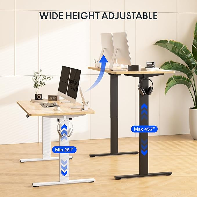 FLEXISPOT EN1 One-Piece Solid Wooden Standing Desk 63 x 24 Inches Height Adjustable Electric Sit Stand Home Office Desks (White Frame + Rubber Wood Top, 2 Packages)