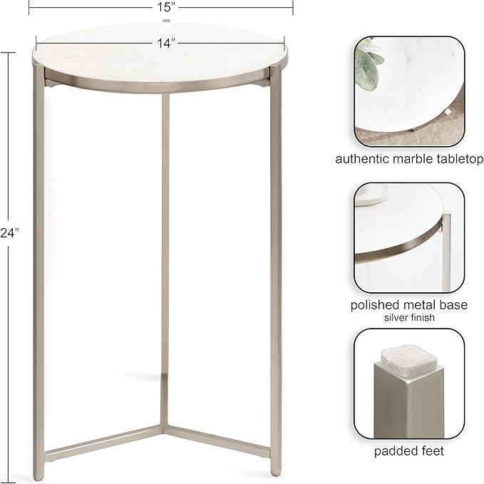 Kate and Laurel Aguilar Modern Round Side Table, 15 x 15 x 24, White and Silver, Genuine Marble Nightstand for Small Spaces and Living Room Décor