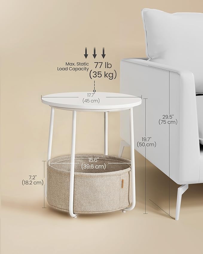 VASAGLE LILEA Collection - Small Round Side End Table, Modern Nightstand with Fabric Basket, for Living Room, Bedroom, Set of 2, Matte White and Camel Brown ULET225WG01S