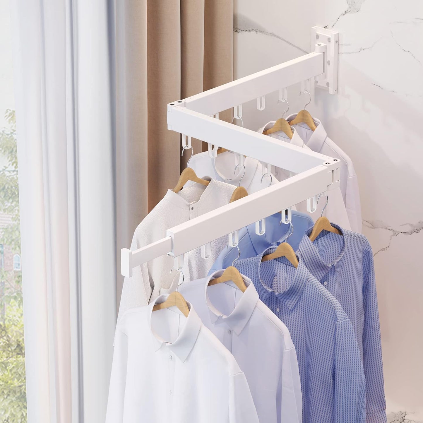 Clothes Drying Rack Wall Mounted,Drying Rack Clothing,Clothes Hanging Rack,Retractable,Collapsible(Tri-Fold), White Color(Ring)