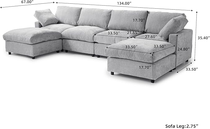 WJShome U Shaped Sectional Couch 134 Inch 4-Seater with 2 Ottoman Modern Modular Sofa,Chenille Deep Seat Couches for Living Room, Bedroom and Apartment，Gray