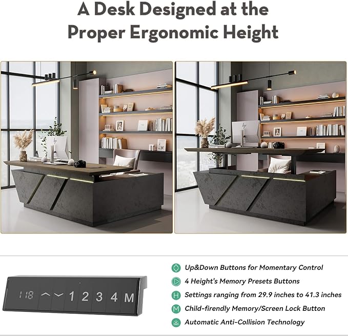 Adjustable Height L-Shaped Executive Desk with LED Light Strip - Black Inverted Trapezoid Design, Includes Storage Cabinet with Drawers & Doors, Ergonomic Standing Office Desk for Home & Office 78.7"