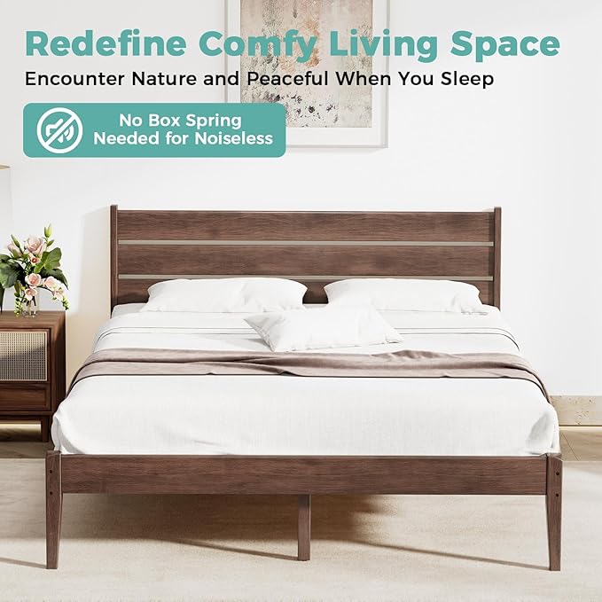 Queen Size Bed Frame, Malaysian Oak Bed Frame with Ladder Headboard, Solid Wood Bed Frames with Elevated Bed Legs, No Box Spring Needed, Noise-Free, Queen Size, Antique Espresso