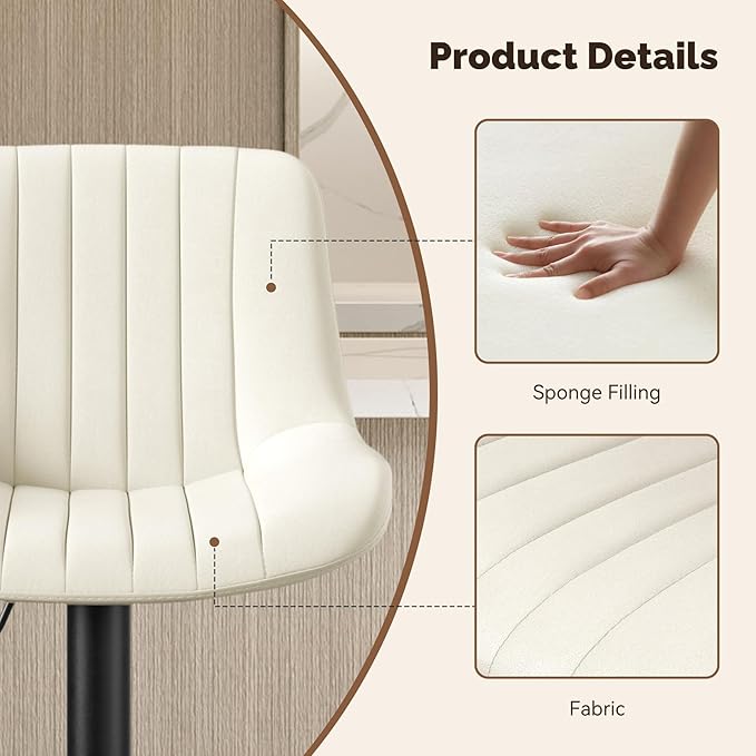 Nalupatio Bar Stools Set of 4, Adjustable Modern Swivel Bar Stools with Backs, Counter Height Performance Fabric Island Chairs for Home Kitchen, Off-White