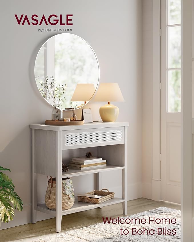 VASAGLE Console Table with Power Outlets, Entryway Table with Storage Shelf, Sofa Table with Drawer, Open Compartment, Rounded Corners, for Living Room, Boho Style, Oatmeal Beige ULNT140K66