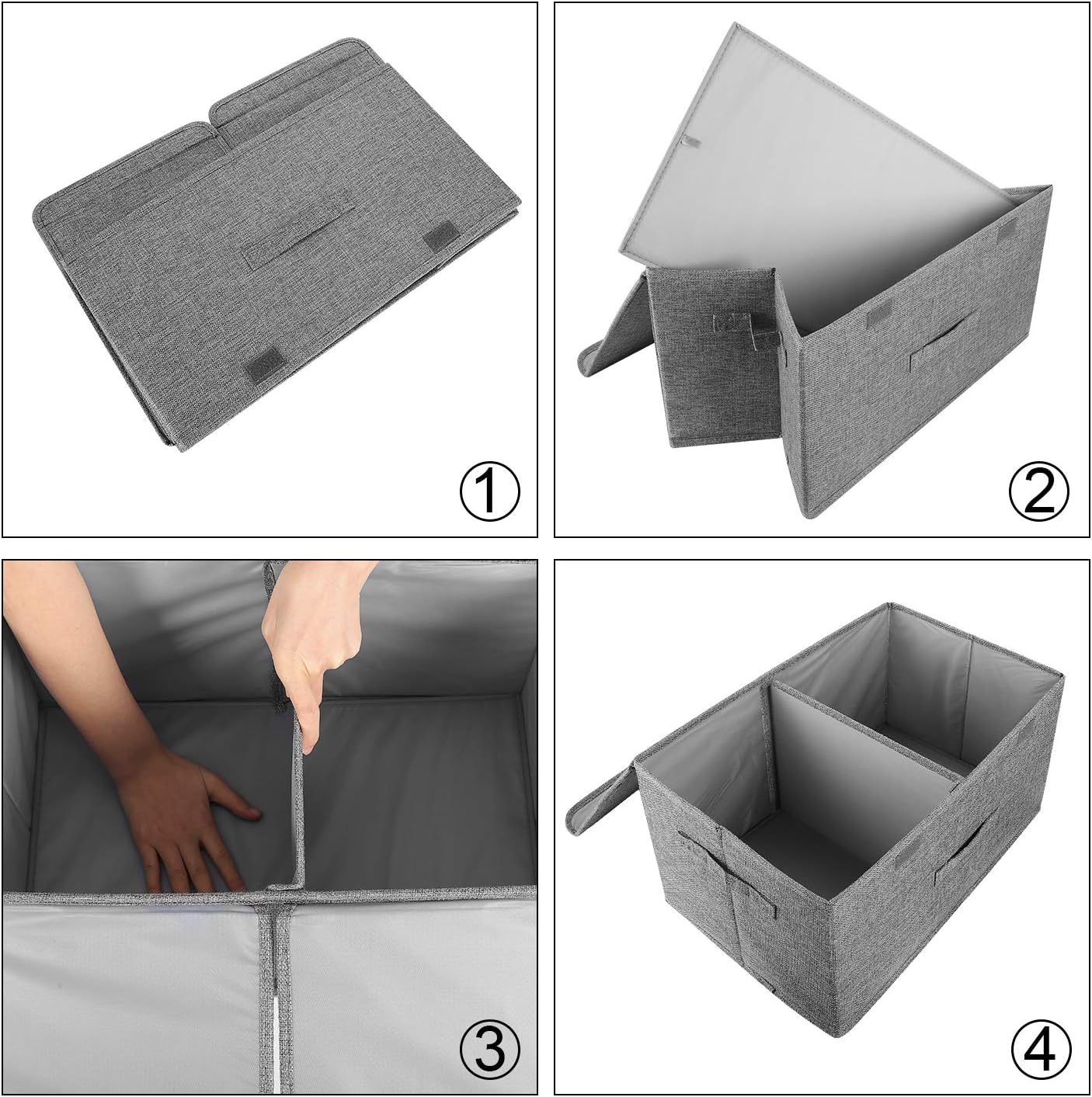2 Pack Large Linen Fabric Collapsible Storage Bins with Lid and Handles, Washable Storage Box Baskets Cube with Removable Divider for Bedroom,Closet,Office,Living Room,Nursery (Black, Small)